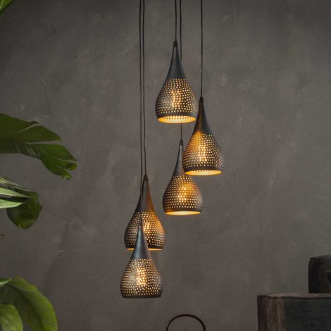 M&S – Suspension 5 lampes gouttes 15 cm en métal noir et bronze – Abat-jours réglables – Style industriel moderne – Éclairage ambiance