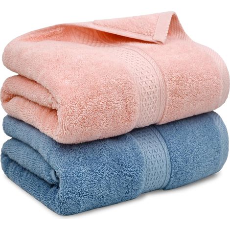 Lot de 2 serviettes de bain ultra douces, 100 % coton, pour la douche, le spa ou la piscine, serviettes de bain extra absorbantes de poids moyen 140 x 74 cm (rose, bleu-gris) (1/5)
