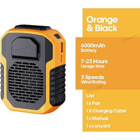 (Orange) Ventilateur de taille mural extérieur, capacité de 6000 mAh, trois vitesses de vent, fonctionnement silencieux, longue durée de vie. (1/5)