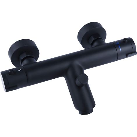 Robinet thermostatique de bain « Noir » - Corps en laiton noir mat - Poignée de sélection de la température et blocage de l'eau chaude - Mitigeur monocommande pour montage mural - Robinet (1/5)