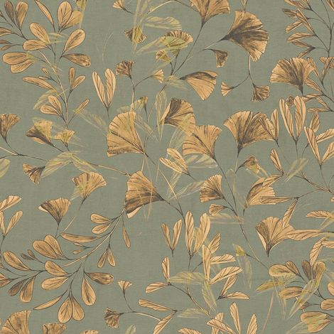 Papel pintado naturaleza Profhome 782231 papel pintado vinílico estampado en caliente tejido non tejido liso con ornamentos florales mate oliva beige-pardo amarillo naranja verde 5,33 m2