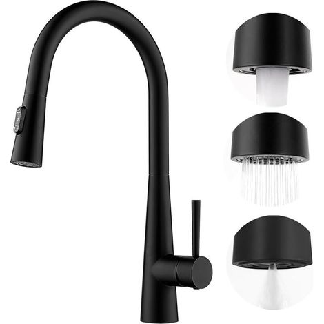 Robinet Cuisine Noir Douchette, Mitigeur Cuisine avec Douchette Extractible offrant 3 Modes de Pulvérisation, Mitigeur Evier Noir Pivotant à 360°, Robinetterie de Cuisine en Acier Inox (1/5)
