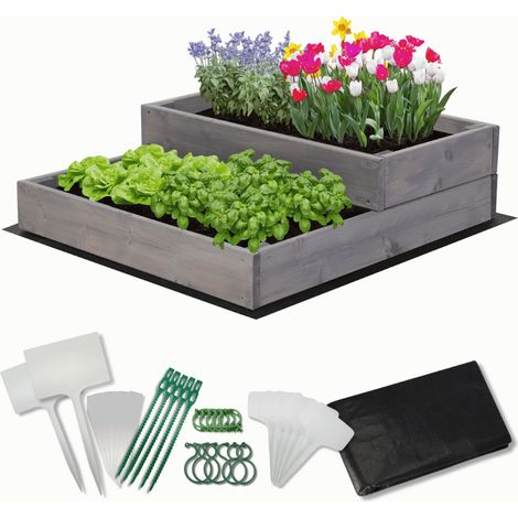 MODO24 Carré potager surélevé en bois, 2 niveaux en cascade, 18x60x63 cm, jardin/terrasse, kit jardinier inclus, gris imprégné