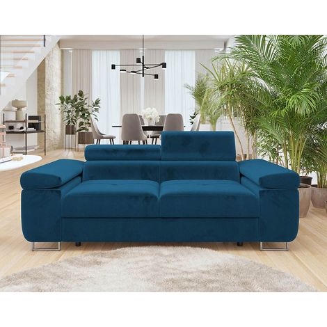 Bestmobilier – Canapé droit 2 places en velours bleu – Têtières ajustables – Structure en bois – Assise mousse haute densité – Style contemporain (1/5)