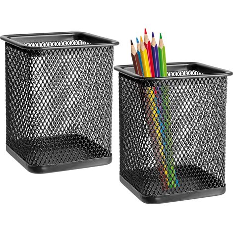 2 PCS Pot a Crayon Bureau, Carré Pot a Crayon en Métal Mesh Multifonction, Porte Stylo idéal pour organiser stylos, pinceaux et accessoires de maquillage, Noir