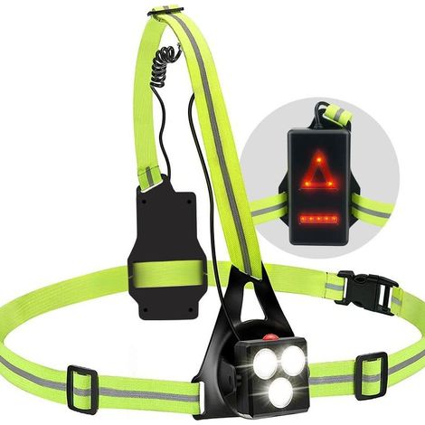 Lampe Poitrine LED - 200 Lm - Réglage Vertical 120° - Bande Réfléchissante Verte - USB-C Rechargeable - Pour Course Jogging Promenade Sports Extérieur - 1 Pièce