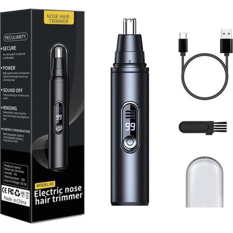 Tondeuse nez homme - Tondeuse nez femme - Tondeuse nez - Tondeuse barbe - Tondeuse poils d'oreilles - Tondeuse sourcils - Avec écran LED - Unisexe - Rechargeable par USB - ABS - Noir (1/5)