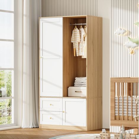 Armario 90x50x180 cm blanco y natural en MDF con puertas correderas, barra para colgar, cajones y estantes (1/5)