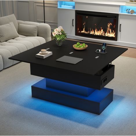 Tavolino elevabile 100x50x51.5 cm, trasformabile in tavolo da pranzo e scrivania, con LED, presa USB, nero opaco (1/5)