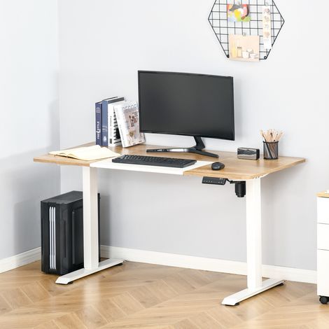 Bureau électrique réglable en hauteur 140 x 70 cm, 4 mémoires, de 72 à 116 cm, plateau bois clair et structure métal blanc, idéal bureau ou télétravail  CHICFURN (1/5)