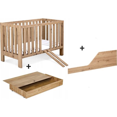 Lit bébé 120x60cm avec tiroir couleur et barrière de sécurité Chêne AMELIE Lit barreaux amovible (1/5)