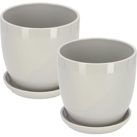 Lot de 2 pots de fleurs en céramique pour fleurs et plantes Diamètre 15 cm avec bac égouttoir Gris (1/5)
