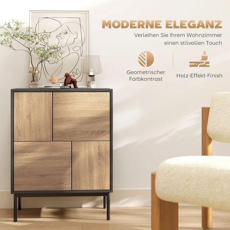 Meuble tv buffet mdf noir bois naturel portes push-to-open pieds métal style moderne (1/5)