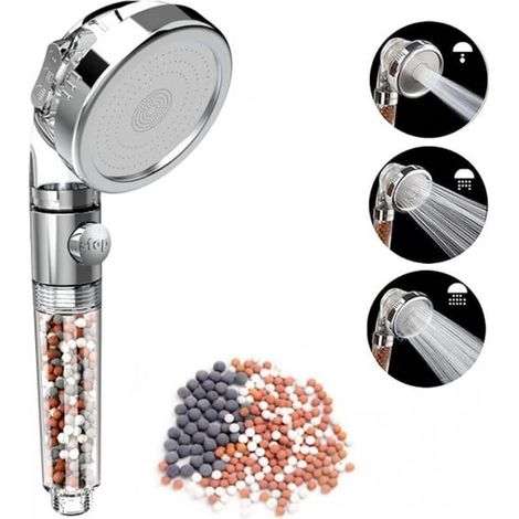 Pommeau de douche avec système anticalcaire - Pommeau de douche haute pression, trois jets - Filtre à économie d'eau et billes minérales (1/5)