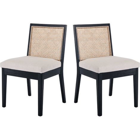 Wahson Lot de 2 Chaises en Lin, Chaises de Salle à Manger en Rotin et Bois Chaise Salle à Manger Rétro en Bois Massif Pour Cuisine, Noir