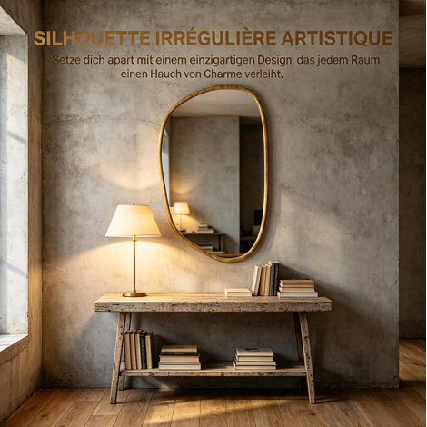 Miroir mural asymétrique 90x60 cm en verre trempé avec cadre effet bois naturel (1/5)