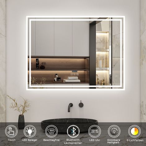 80 x 60 cm Beschlagfrei+3 Lichtfarben Dimmbar+Bluetooth+Uhr+LED Memory Funktion