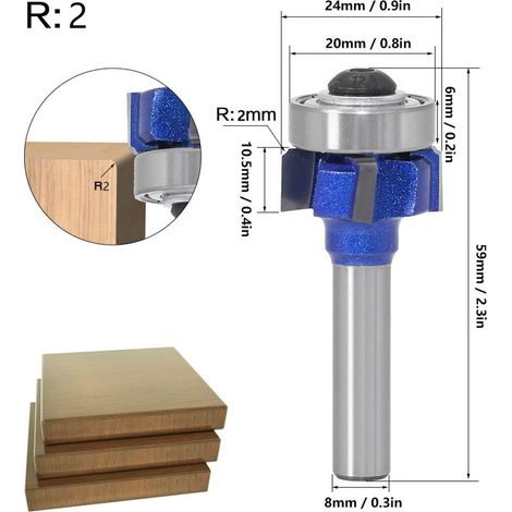 Fresas de vástago redondo de 8 mm, cortador de esquinas redondeadas de carburo, recortadora de madera de 4 hojas, radio métrico (2 mm) (1/5)
