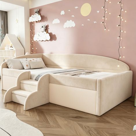 Lit enfant 90x190 cm en velours beige avec marches antidérapantes, barrière de sécurité et sommier à lattes (1/5)