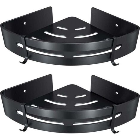 Bathroom Corner Shelf, No-Drill Shower Shelf, Adhesive Aluminum Shower Storage Basket for Shampoo, Soap, Towel, with Hooks (Triangle, Black, 2 Pieces) (1/4)