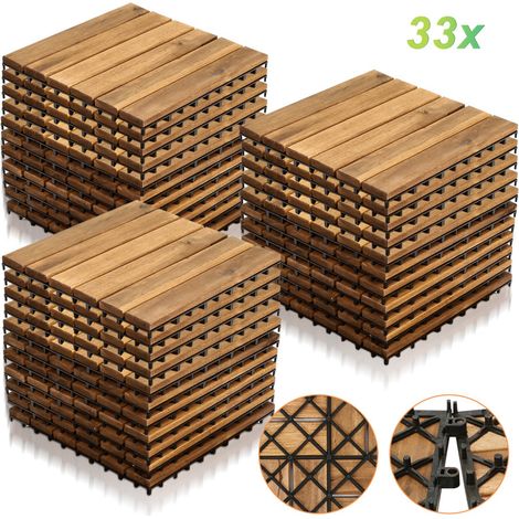 Jopassy Piastrella in legno di acacia 30 x 30 Piastrelle a incastro Piastrelle per balconi Piastrelle per terrazze Piastrelle in legno per terrazze Sistema a incastro Per esterni 33x