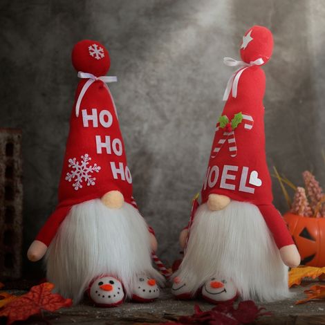 Set aus 2 gesichtslosen, beleuchteten Weihnachtsfiguren, dem roten Zwerg Rudolf mit Hut und dekorativem Spazierstock. (1/5)