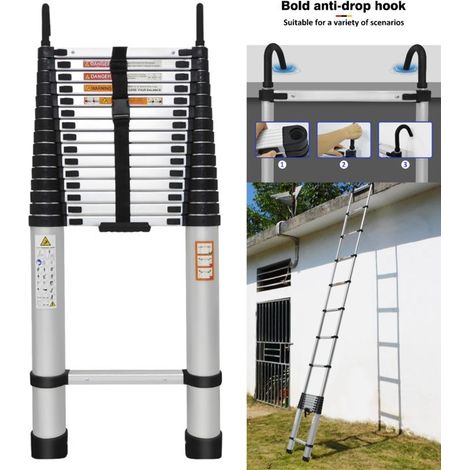 Échelle droite pliable argentée 6,2m, structure aluminium résistante, capacité 150kg, pour usage domestique et professionnel