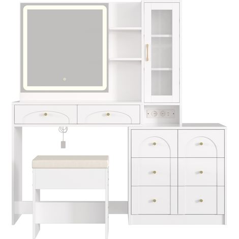 Tocador grande con espejo LED, enchufe, 8 cajones y taburete, blanco, 131.5 x 40 x 140 cm (1/5)
