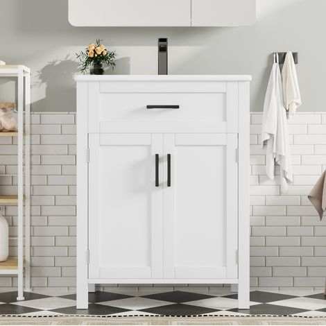 Mobile bagno freestanding in MDF e ceramica bianco 60x46x84,8 cm con lavabo integrato, 2 ante e cassetto (1/5)