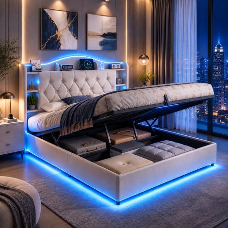 FOERPL-Lit Coffre 160 x 190 cm avec LED et Port USB, Lit Double Rembourré 160x190 avec Sommier à Lattes, Lit Hydraulique 160x190 avec Étagères Ouvertes et Rangement Lit 2 personnes pour Adultes (1/5)