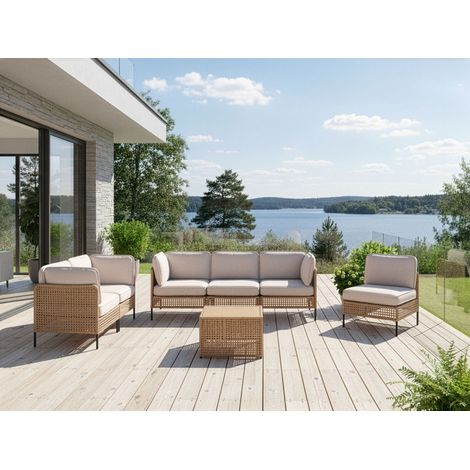 Conjunto modular de exterior de ratán sintético con mesa de centro de vidrio 6 plazas estructura de metal con cojines beige claro OMEGANA (1/5)
