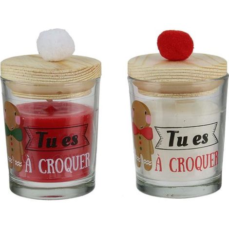 Bougie - HOME DECO FACTORY - Un Noël Tradi - Pompons - Couvercles en bois - Blanc et Rouge (1/4)