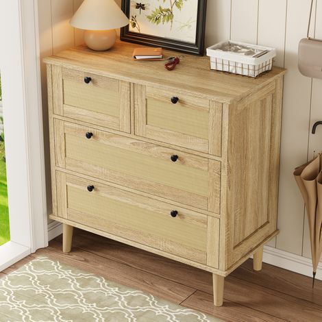 Commode avec quatre tiroirs,tiroirs en rotin,meuble de rangement,pieds en bois massif.