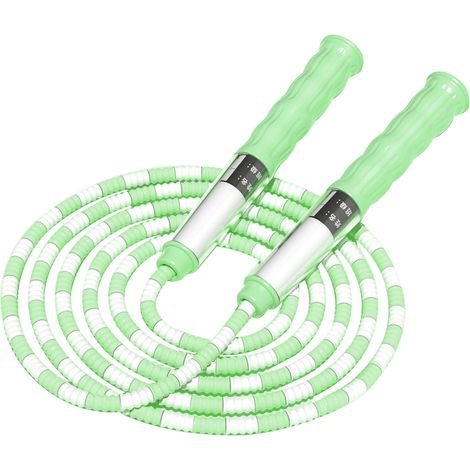 Corde à sauter ajustable avec étiquette nominative, poignée antidérapante, motif souple, tube enroulé, idéale pour l'entraînement physique des enfants (vert). (1/5)
