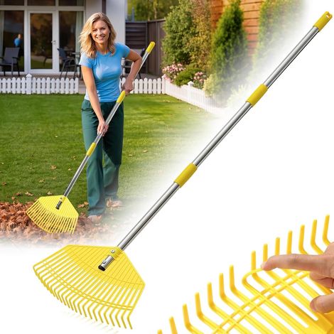 Râteau à feuilles de jardin avec manche de 190 cm, 23 dents solides en plastique, tête d'arbuste, râteau à feuilles 42 cm de large, râteau de jardin pour pelouse, feuillage, jaune (1/5)