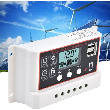 Intelligenter Solarladeregler WBL1210, weißes Gehäuse, schwarze Oberfläche, 12 V/24 V, zwei USB-Anschlüsse, PWM-Steuerung, 30 A (1/5)