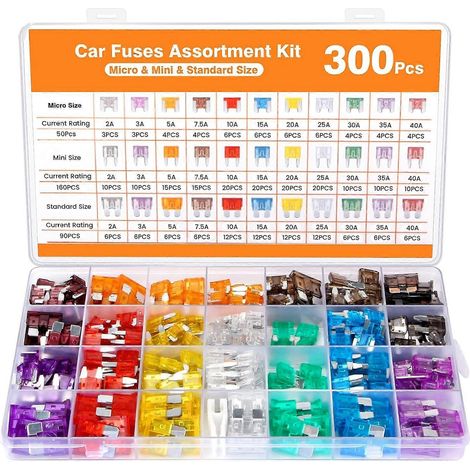 Kit de 300 fusibles automobiles, comprenant 160 mini-fusibles, 90 fusibles standard, 50 micro-fusibles à lames et un extracteur Compatible avec la protection complète des circuits électriques des voi (1/5)