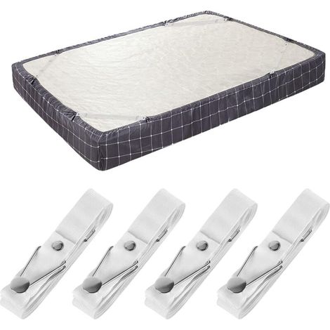 (Lot de 4 courts blancs) Sangles de support de drap de lit - Clips de drap-housse réglables Bretelles de fixation de drap de lit Support de pince élastique utilisé pour les draps de lit, les housses d (1/4)