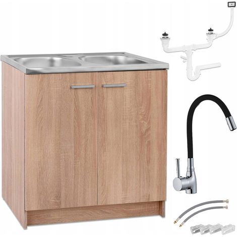 STAMAR  Küchenschrank 80 cm - Eiche Sonoma - 2-Bac-Spüle - Flexibler Wasserhahn - Praktisch und Elegant