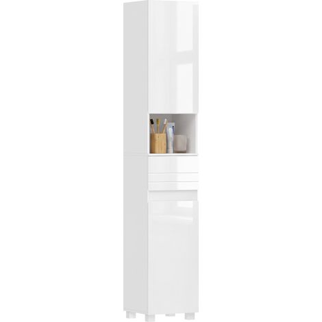 Meuble de salle de avec tiroir réglables pliable blanc pour salon bain haut, étroit, laqué brillant, tiroir, compartiment ouvert étagères réglables, (1/5)