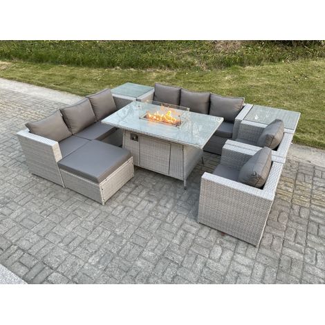Fimous Light Grey Rattan Fire Pit Garden Furniture Set Gas Heater Burner Lounge Sofa Dining Set 2 Coffee Table Chairs Footstool (1/5)