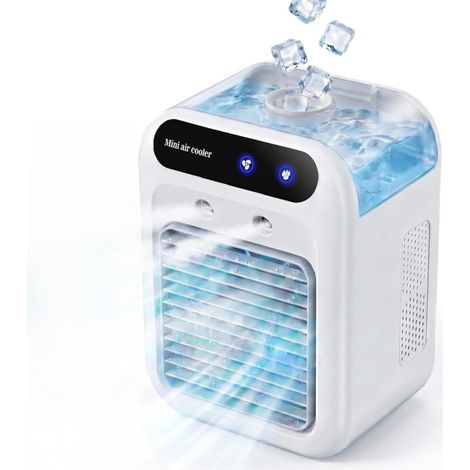 Climatiseur Portable 4 en 1, Mini Climatiseur USB Silencieux avec Réservoir 500 ml, Refroidisseur d’Air à Double Vitesse et Brumisation, pour Bureau, Chambre, Camping (1/5)