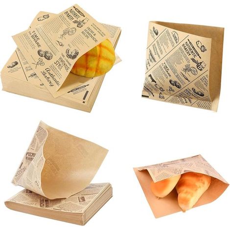100 fogli di carta da pane, 15 x 15 cm, carta per formaggio, 2 fantasie, carta da forno, effetto giornale, per avvolgere biscotti, patatine fritte o panini (1/5)