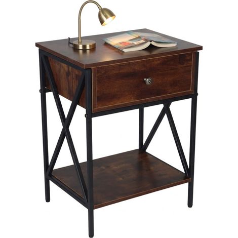 Relaxdays bedside table, drawer & shelf, HxWxD: 55x40x30 cm, industrial, wood effect, metal, dark brown/black