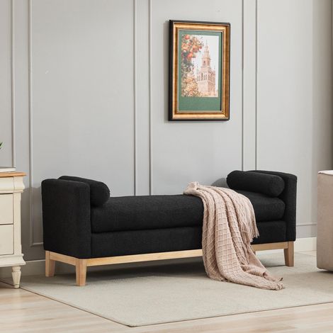 Banquette élégante capitonnée avec pieds en bois et 2 coussins, méridienne et tabouret pour chevet, chambre, salon, entrée, NOIR