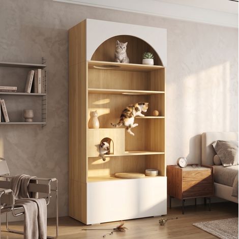 Mueble para gatos 90×50×202 cm blanco efecto madera con escondite - MEUBLIV (1/5)