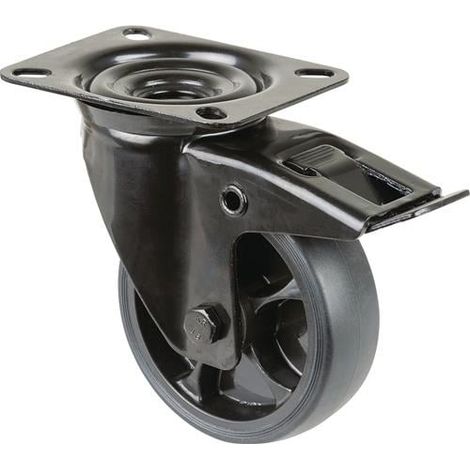 Rueda giratoria D.100mm Cap.carga 110kg con freno goma 104x80mm negra BS ROLLEN