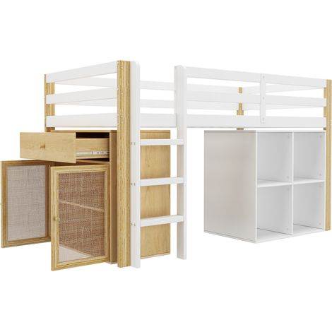 Lit Mezzanine Enfant 90x200 Lit Multifonction avec 2 Armoires de Rangement et Échelle Bois Massif Blanc (1/5)