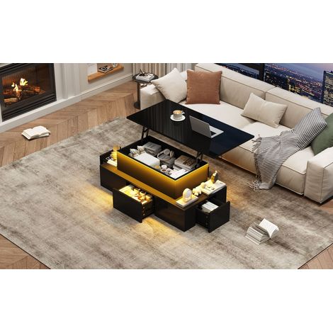 Table de salon pouvant être repliée en 100×50×40 cm, avec 4 tiroirs. Table basse en finition mate, équipée d’un éclairage LED. Table pour le café. Table de salon avec un espace de rangement caché. Cou (1/5)