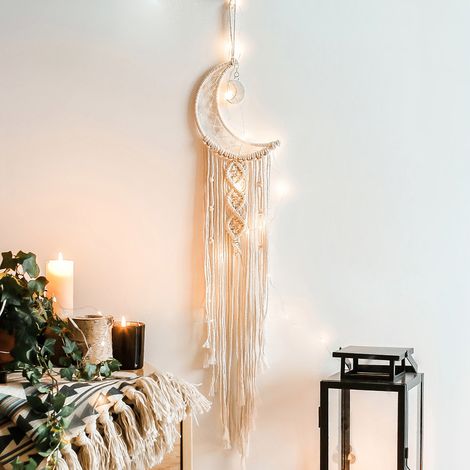 Minimalistischer, handgewebter Wandtraumfänger mit Metallornamenten, fürs Schlafzimmer (96x20cm) (1/5)